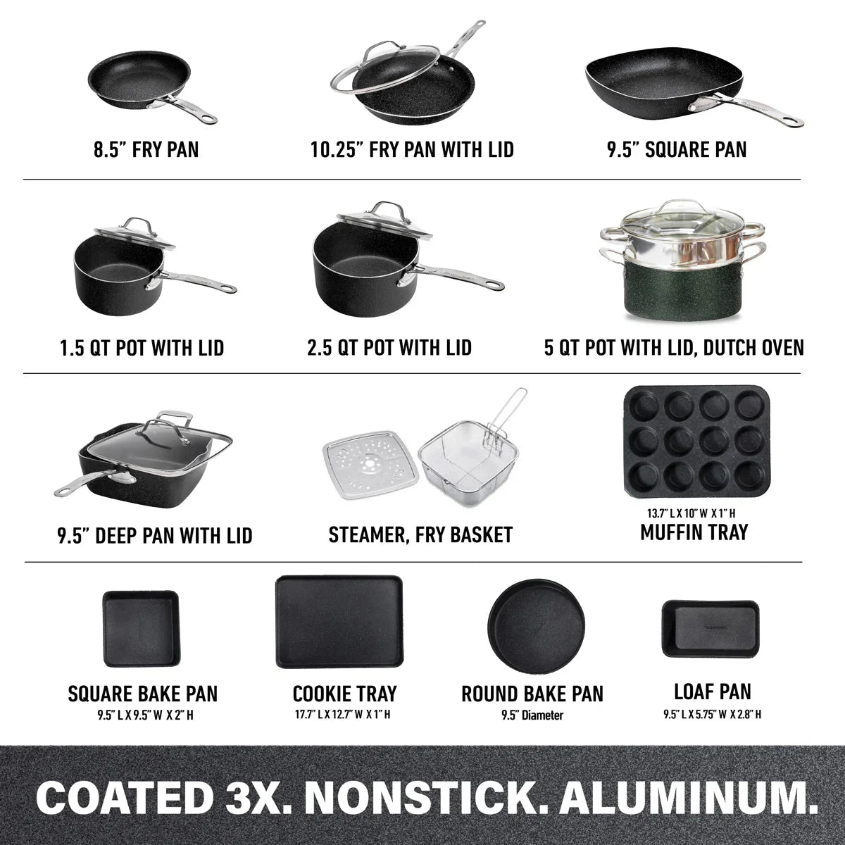 20 Piece Aluminum Non Stick Cookware & Bakeware Set with Ultra Nonstick Surface, Oven & Dishwasher Safe